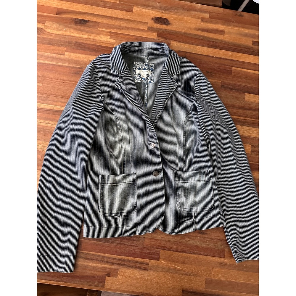 Kenar Hickory Stripe Denim Blazer Women M Blue Excellent Faded Cotton Stretch
